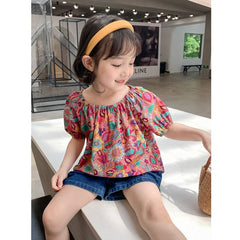 Cap sleeves Floral Print Off Shoulder Top With Denim Shorts From 2-7 Years