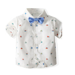 White Half Sleeves Vehicle Printed Bow Shirt With Suspender Pink Shorts From 1-6 Years