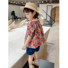 Cap sleeves Floral Print Off Shoulder Top With Denim Shorts From 2-7 Years