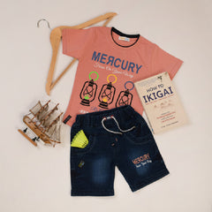 Half Sleeves Front & Back "MERCURY" Text Printed T-Shirt With Dark Blue Denim Shorts