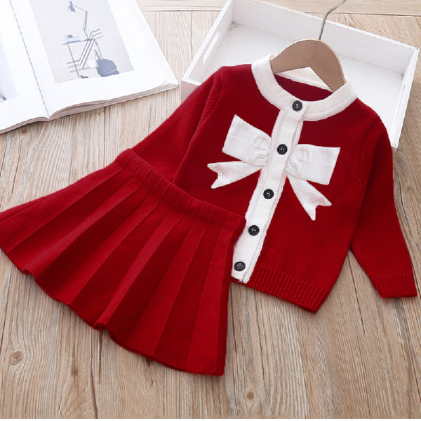 Red Full Sleeves Front Open Winter Top and Skirt From 1-5 Years