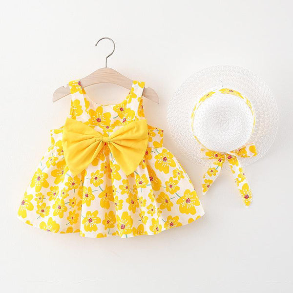 Sleeveless Floral Print Bow Attached Frock With Hat From 9 Months-4 Years