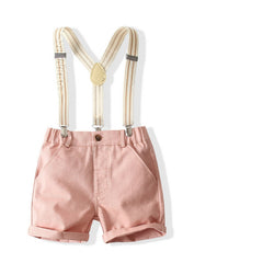 White Half Sleeves Vehicle Printed Bow Shirt With Suspender Pink Shorts From 1-6 Years