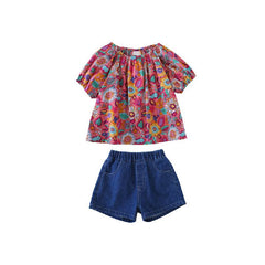 Cap sleeves Floral Print Off Shoulder Top With Denim Shorts From 2-7 Years