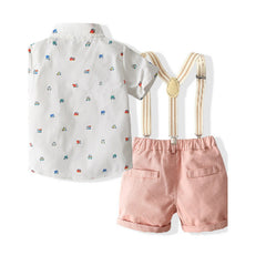 White Half Sleeves Vehicle Printed Bow Shirt With Suspender Pink Shorts From 1-6 Years