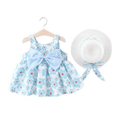 Sleeveless Floral Print Bow Attached Frock With Hat From 9 Months-4 Years