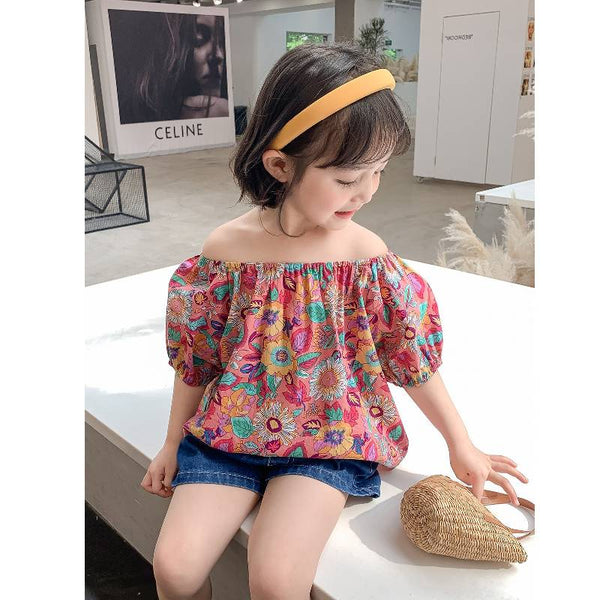 Cap sleeves Floral Print Off Shoulder Top With Denim Shorts From 2-7 Years