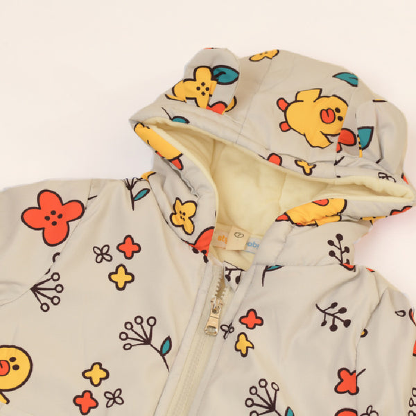 Grey Full Sleeves Overall Printed Rabbit Ears Hooded Jacket From 9 Months-5 Years