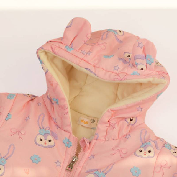 Pink Full Sleeves Overall Printed Rabbit Ears Hooded Jacket From 9 Months-5 Years