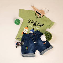 Half Sleeves Front & Back "SPACE" Text Printed T-Shirt With Dark Blue Denim Shorts