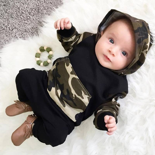 Black Full Sleeves Camouflage Hoodie With Kangaroo Pocket  & Pants Set From 3 Months-3 years