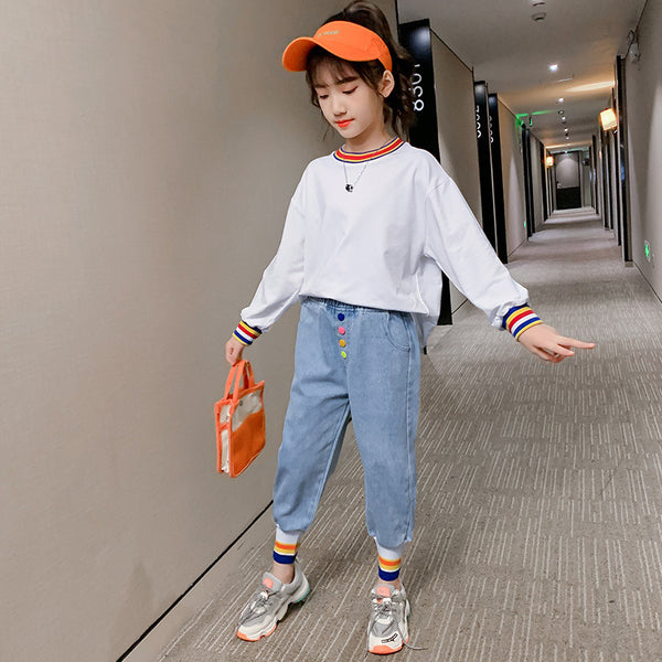 White Full Sleeves Striped Top With Blue  Denim Pants From 3-9 Years