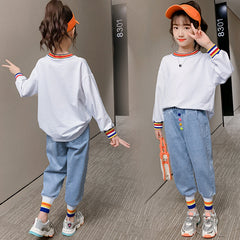 White Full Sleeves Striped Top With Blue  Denim Pants From 3-9 Years