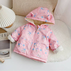 Pink Full Sleeves Overall Printed Rabbit Ears Hooded Jacket From 9 Months-5 Years