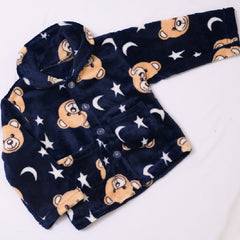 Velvety Navy Blue Full Sleeves Bear Printed Daily Winter Wear Set From 9 Months-5 Years