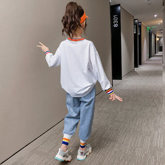 White Full Sleeves Striped Top With Blue  Denim Pants From 3-9 Years