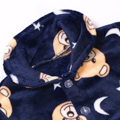 Velvety Navy Blue Full Sleeves Bear Printed Daily Winter Wear Set From 9 Months-5 Years