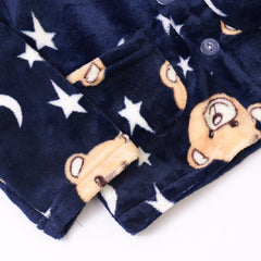 Velvety Navy Blue Full Sleeves Bear Printed Daily Winter Wear Set From 9 Months-5 Years