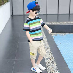 Half Sleeves Striped Multicolour T-Shirt & Shorts  Set From 2-11 years