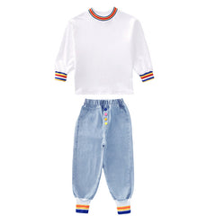 White Full Sleeves Striped Top With Blue  Denim Pants From 3-9 Years