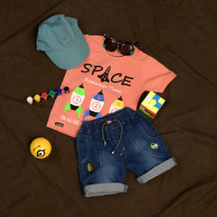 Half Sleeves Front & Back "SPACE" Text Printed T-Shirt With Dark Blue Denim Shorts