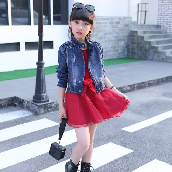 Red Sleeveless Bow Belted Dress With Denim Jacket From 3 - 9 Years