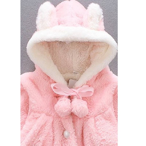 White n Pink Full Sleevess Rabbit Ears Fleece Faux Fur Cloak Coat From 3 Months-3 Years