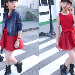 Red Sleeveless Bow Belted Dress With Denim Jacket From 3 - 9 Years