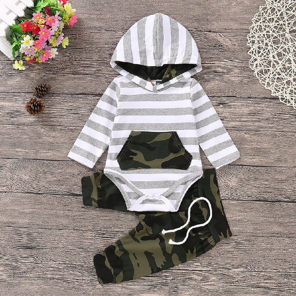 White Full Sleeves Hooded Tee and Camouflage Lounge Pant From 3 Months-3 Years