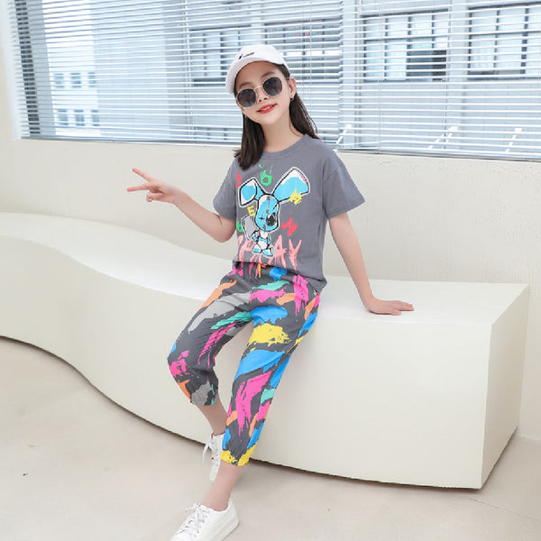 Multi-Colour Short Sleeved 3D Cartoon Printed  Graffiti Foreign Style Fashionable 2 Piece Set From 3 - 9 Years