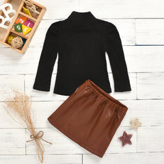 Black n Brown Full Sleeves Solid High Neck Top With Skirt From 1-5 Years