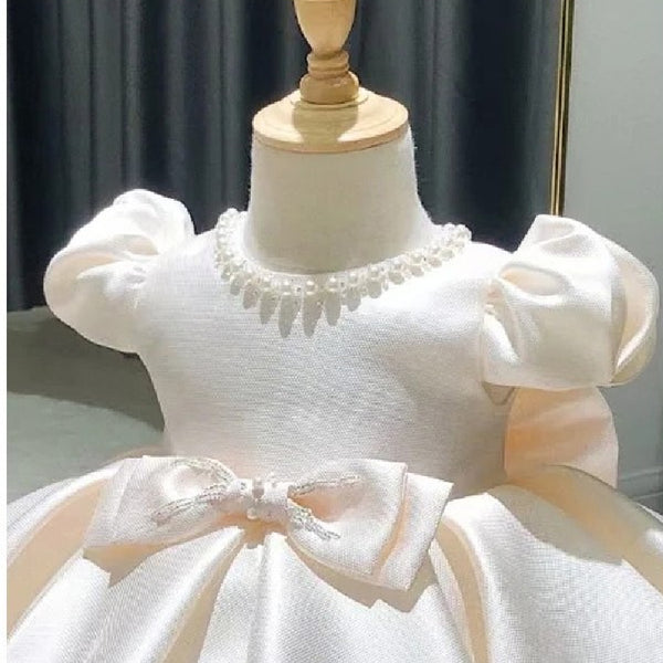 Bubble Sleeves Pale Rose Gold Pearls Embroidered Bow Applique Fairy Dress From 9 Months-7 Years