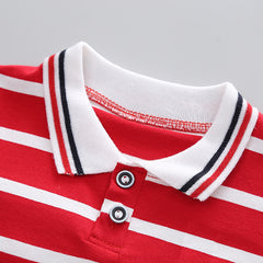 Red Half Sleeves Horizontal Stripes Polo  T-shirt & shorts Sets From 9 Months-4 Years