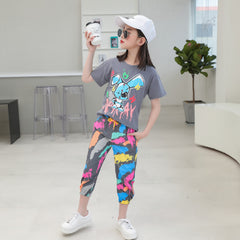 Multi-Colour Short Sleeved 3D Cartoon Printed  Graffiti Foreign Style Fashionable 2 Piece Set From 3 - 9 Years