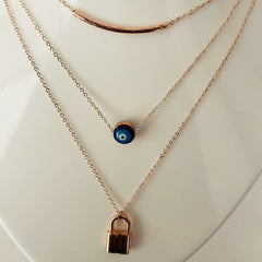 Rose Gold plated evil eye lock layered necklace