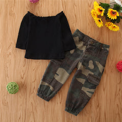 Black Full Sleeves Off Shoulder Top and Camouflage Pants From 1-6 years