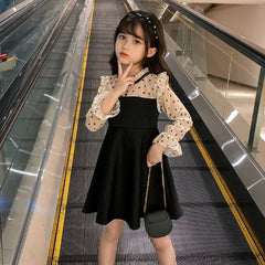 Black Lace Puff Long Sleeves Heart pattern Pleated Dress From 4- 10 Years