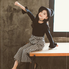 Black Long Ruffle Sleeves Top With Bow Attached Plaid  Loose Wide Leg Pants From 4 - 9 Years