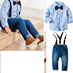 Blue Full Sleeves Shirt With Denim Jeans, Suspenders & Bow Tie From 3 - 7 Years