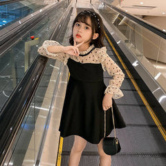 Black Lace Puff Long Sleeves Heart pattern Pleated Dress From 4- 10 Years