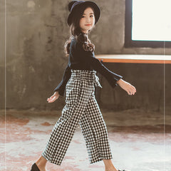 Black Long Ruffle Sleeves Top With Bow Attached Plaid  Loose Wide Leg Pants From 4 - 9 Years