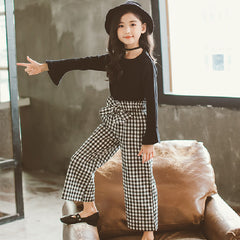 Black Long Ruffle Sleeves Top With Bow Attached Plaid  Loose Wide Leg Pants From 4 - 9 Years