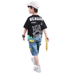 Black Half Sleeves Cartoon Back Printed T-shirt With Blue Denim Shorts From 3-9 Years