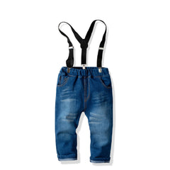 Blue Full Sleeves Shirt With Denim Jeans, Suspenders & Bow Tie From 3 - 7 Years