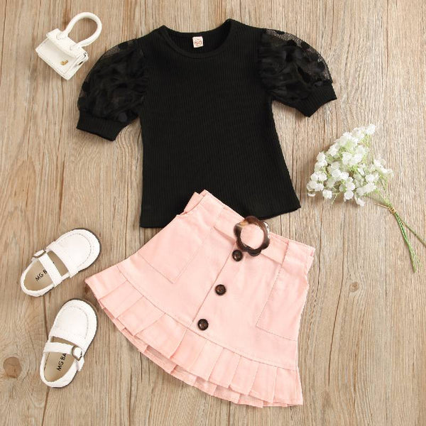 Puff Net Short Sleeves Solid Top & Pink Skirt With Belt From 1-5 Years