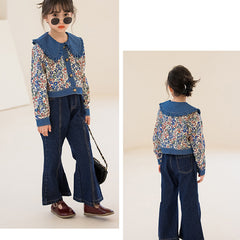 Ful Sleeves Wide Collar Crop Denim Top Raw Hem Flare Bell Bottom Denim Jeans From 3 - 9 Years