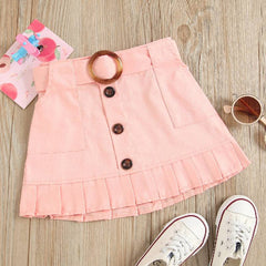 Puff Net Short Sleeves Solid Top & Pink Skirt With Belt From 1-5 Years