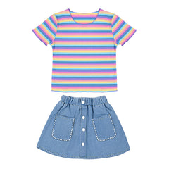 Half Sleeves Rainbow Striped Rib Top With Denim Skirt From 3-9 Years