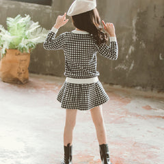 Full Sleeves Front Open Overall  Plaid Printed Bow Attached Top & Skirt Set From 3 - 9 Years