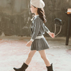 Full Sleeves Front Open Overall  Plaid Printed Bow Attached Top & Skirt Set From 3 - 9 Years